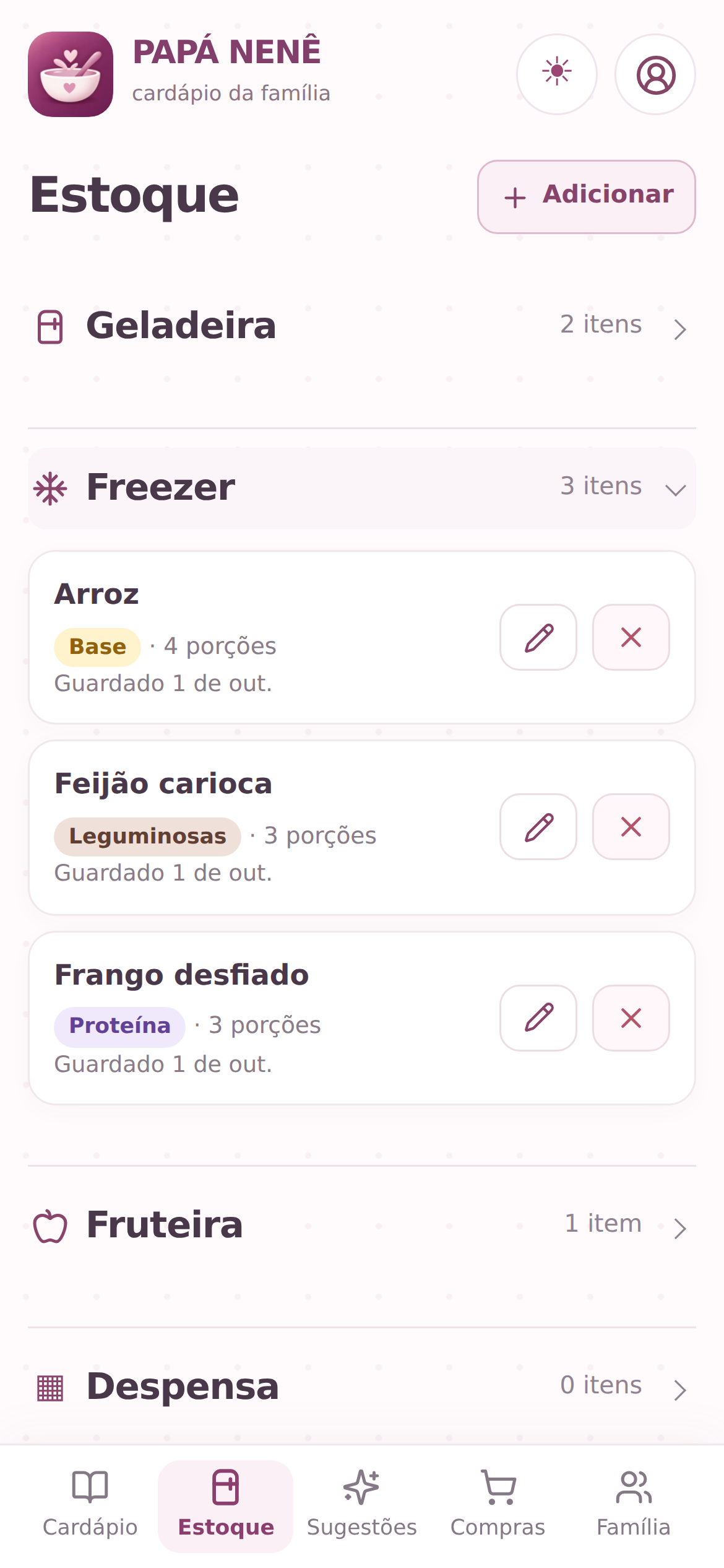Tela original de estoque do PAPÁ NENÊ com dados de demonstração
