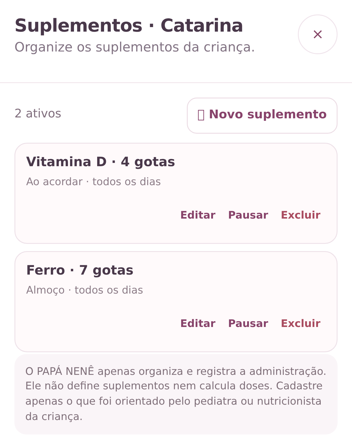 Painel real para organizar os suplementos